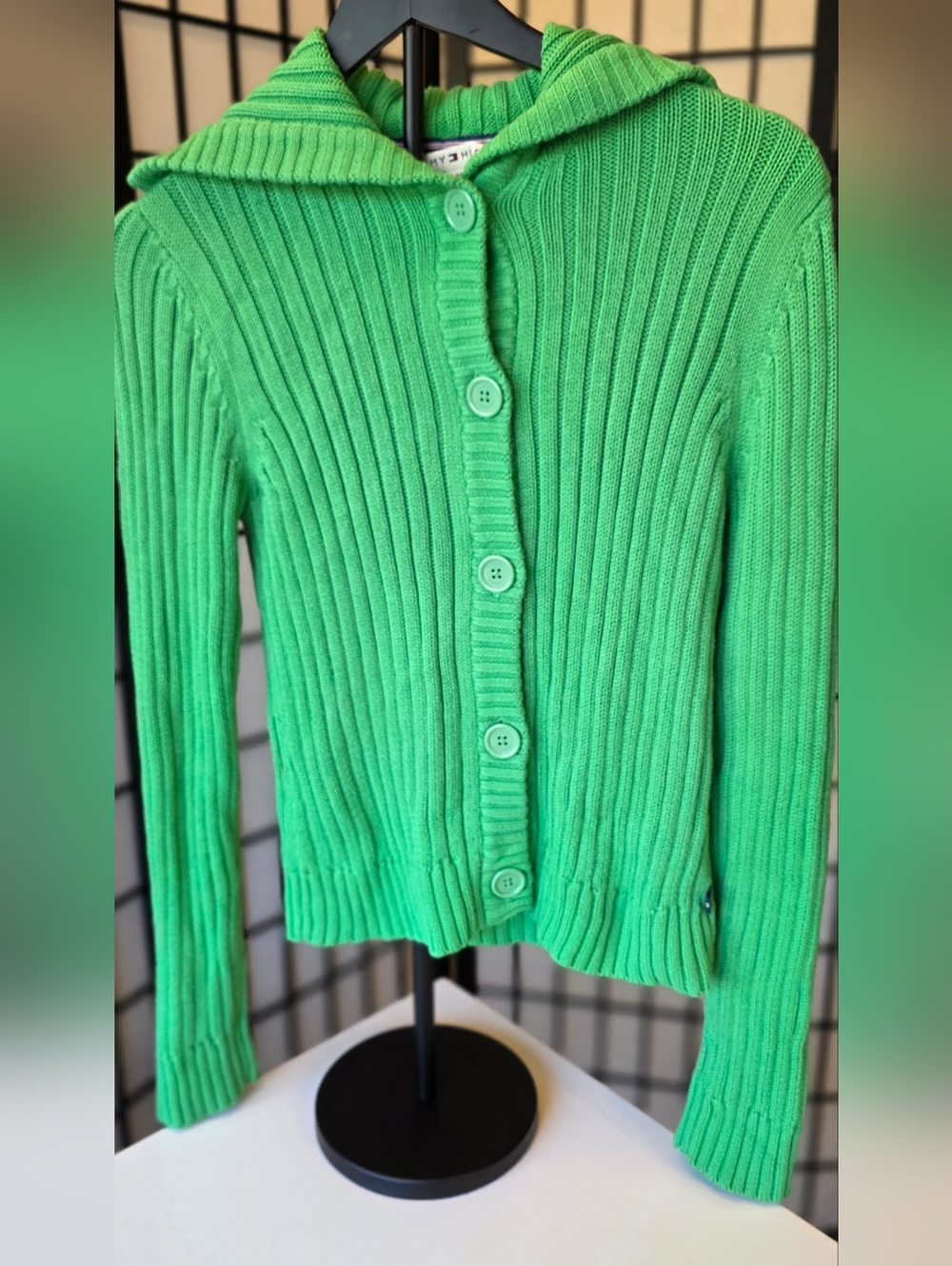 Tommy Hilfiger Women's Bright Green Ribbed Button-Up  Cardigan ~ Size Medium